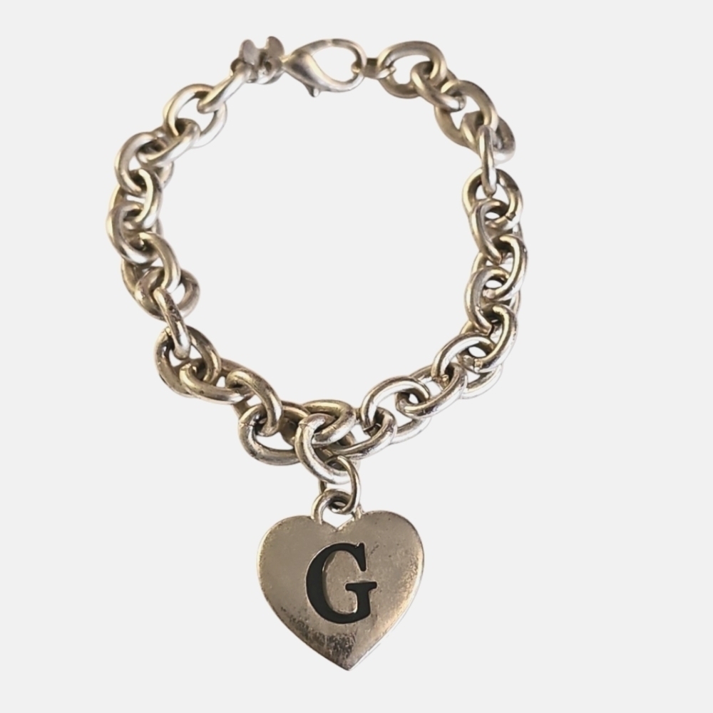 Disney Silvertone Chain Bracelet Initial G Heart Mickey Mouse Charm 7.5" Long